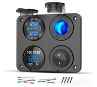 Toma USB de 12 voltios Accesorio RV 12V Marina Panel de Interruptores, Doble PD30W y QC18W Puerto USB Cargador de aluminio, 150W Enchufe del encendedor, Voltímetro azul e interruptor basculante