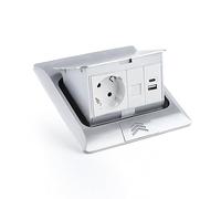 Tomacorriente de suelo ELBE Inno, 1 enchufe empotrado, 1 USB-A, 1 USB-C, 1 CAT6 RJ45, acabado en aluminio plateado, tapa con función Soft-Pop-up, IP42 resistente al agua y al polvo