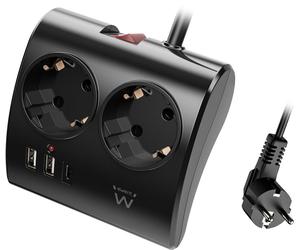Tomada Ewent EW3871 Desktop Power Strip 2 Tomadas Schuko 16A + 2 USB-A + 1USB-C 1.5m Preta