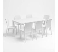 Tomaino - Juego de mesa y 6 sillas de jardín de plástico - Silla y mesa para exterior de comedor de 6 plazas rectangular efecto ratán, 150 x 90 x 74 cm (blanco)