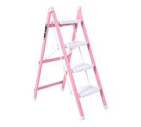 Tomantery Escalera Plegable Antideslizante de 4 Escalones para Cocina, Dormitorio, Oficina, Compacto, Ahorro de Espacio, Material Blanco Rosado, Acero Al Carbono
