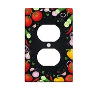 Tomates Kitchen Duplex - Placa de pared para toma de corriente, diseño culinario contemporáneo de pepino y chile, plástico negro, tamaño estándar, doble toma de corriente, para decoración del hogar