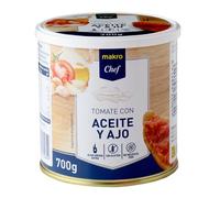 Tomates Para Pizzas, Sofritos, Para untar en el Pan Ideales Para Desayunos, Guisos y Ensaladas Makro Chef (Tomate con Aceite Oliva y ajo lata 700g, 3 Unidades)