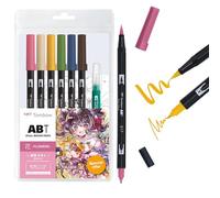 Tombow ABT Dual Brush Pen Set Manga Acuarela Flower, Set de 6 ABT + Cepillo para tanque de agua, Modelos para colorear & Video tutorial [ABT-6P-MANGA-FLOWER], Azul