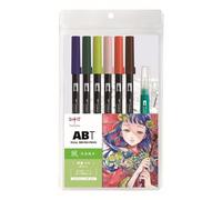 Tombow ABT Dual Brush Pen Set Manga Acuarela Wind, Set de 6 ABT + Cepillo para tanque de agua, Modelos para colorear & Video tutorial [ABT-6P-MANGA-WIND]