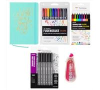 Tombow Fudenosuke Journal Writing Kit: 160 Page Dot Grid Linen Cover Journal, Fudenosuke Colors Brush Pen 10 Pack, Mono Drawing Pen Color 8 Pack, Mono Drawing Pen Black 6 Pack (Progressive Tip Sizes