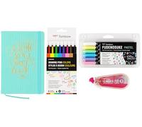 Tombow Fudenosuke - Kit de escritura de diario: 160 páginas de cuadrícula de puntos, cuaderno de lino con tapa de lino, bolígrafo de pincel pastel Fudenosuke, paquete de 6 unidades, bolígrafo de