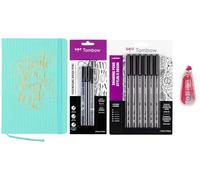 Tombow Fudenosuke - Kit de escritura de diario: 160 páginas de cuadrícula de puntos de lino, bolígrafo Fudenosuke mono pincel, paquete de 3, bolígrafo de dibujo de punta fina mono, paquete de 6