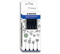 Tombow | Set de 4 rotuladores punta fina negrita MONO Drawing Pen con puntas de diferente ancho | Fineliner para contornos, ilustraciones, esbozos | Color Negro