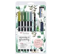Tombow - Set Lettering"Greenery" | Set de Dibujo Acuarela con Pincel de Agua, Lápiz, Goma de Borrar, Paleta Lavable y Rotuladores en Tonos Verdes