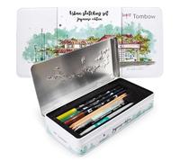 Tombow Urban Sketching Set Japan Edition - Juego de lápices artísticos de alta calidad e instrucciones (idioma español no garantizado), pinceles y acuarelas para acuarelas, caja metálica para