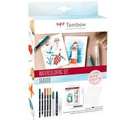 Tombow -Watercoloring Set Seaside | Set de Dibujo con Pincel de Agua, Espray Pulverizador, Paleta Lavable, Papel Acuarela y Rotuladores Acuarelables