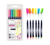 Tombow WS-BH-6P Brush Pen Fudenosuke Neon - Juego de 6 rotuladores acuarelables de punta dura, fluorescentes, color rosa, amarillo, verde, naranja, rojo, azul