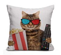 Tomda Funny Cat in The 3D Glasses with Popcorn Basket Cotton Burlap Linen Funda de cojín para sofá al aire libre decorativa cuadrada 45 x 45 cm