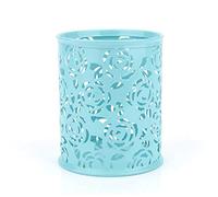 Tomedny Metal Pencil Cup for Desk, Hollow Rose Flower Pattern Pen Holder Desktop Stationery Organizer Multipurpose Organizer for Office Blue