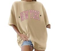 TOMEEK Camisetas Manga Corta Mujer Oversize Camisetas Verano Cuello Redondo T Shirt Algodón Top Mujer Letras Creativas Extragrande Essentials Holgada Camiseta Mujer (Almendra A,M)