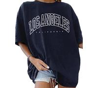 TOMEEK Camisetas Oversize Mujer Letras Creativas Camisetas Manga Corta Mujer con Cuello Redondo T Shirt Pullover Extragrande Tops Mujer Verano de Algodón Puro, Azul Oscuro, Talla S