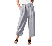 TOMEEK Pantalón Mujer Lino Cómodo Ancho 3/4 Bolsillos Capri Cintura Alta Elástico Algodón Fluido Verano