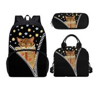 Tomeusey Bolsas escolares para niños y niñas, mochila escolar de gran capacidad, mochila con cremallera para el hombro + lonchera a prueba de fugas + soporte para lápices, juego de 3 piezas, Cat Star