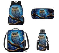 Tomeusey Juego de 4 bolsas escolares para niños y adolescentes, lonchera reutilizable, bolsa para lápices, botella de agua, mochila para libros, Bonito búho.