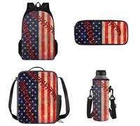 Tomeusey Juego de 4 bolsas escolares para niños y adolescentes, lonchera reutilizable, bolsa para lápices, botella de agua, mochila para libros, bandera americana