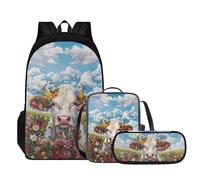 Tomeusey Juego de mochila 3 en 1, mochila escolar con bolsa de almuerzo a prueba de fugas, estuche para lápices, mochila escolar, bolsa de viaje casual, mochila para niños y niñas, Floral de vaca
