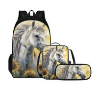 Tomeusey Juego de mochila 3 en 1, mochila escolar con bolsa de almuerzo a prueba de fugas, estuche para lápices, mochila escolar, bolsa de viaje casual, mochila para niños y niñas, Girasol de caballo