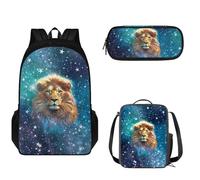 Tomeusey Juego de mochila escolar 3 en 1 para niños y niñas, gran capacidad, mochila de viaje con doble cremallera, bolsa de almuerzo aislada, estuche para lápices, Galaxy Lion