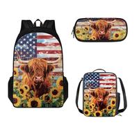 Tomeusey Juego de mochila escolar 3 en 1 para niños y niñas, gran capacidad, mochila de viaje con doble cremallera, bolsa de almuerzo aislada, estuche para lápices, Bandera americana, vaca, girasol