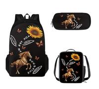 Tomeusey Juego de mochila escolar 3 en 1 para niños y niñas, gran capacidad, mochila de viaje con doble cremallera, bolsa de almuerzo aislada, estuche para lápices, Girasol de caballo