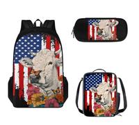 Tomeusey Juego de mochila escolar 3 en 1 para niños y niñas, gran capacidad, mochila de viaje con doble cremallera, bolsa de almuerzo aislada, estuche para lápices, Mariposa de vaca con bandera