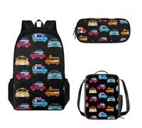 Tomeusey Juego de mochila escolar 3 en 1 para niños y niñas, gran capacidad, mochila de viaje con doble cremallera, bolsa de almuerzo aislada, estuche para lápices, Coche colorido