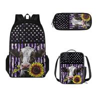 Tomeusey Juego de mochila escolar 3 en 1 para niños y niñas, gran capacidad, mochila de viaje con doble cremallera, bolsa de almuerzo aislada, estuche para lápices, Bandera morada, vaca, girasol