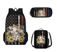 Tomeusey Juego de mochila escolar 3 en 1 para niños y niñas, gran capacidad, mochila de viaje con doble cremallera, bolsa de almuerzo aislada, estuche para lápices, Bandera americana, cerdo, girasol