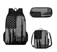 Tomeusey Juego de mochila escolar 3 en 1 para niños y niñas, gran capacidad, mochila de viaje con doble cremallera, bolsa de almuerzo aislada, estuche para lápices, Bandera americana gris