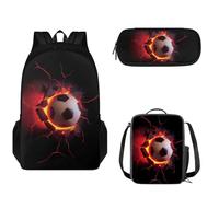 Tomeusey Juego de mochila escolar 3 en 1 para niños y niñas, gran capacidad, mochila de viaje con doble cremallera, bolsa de almuerzo aislada, estuche para lápices, Fire Football