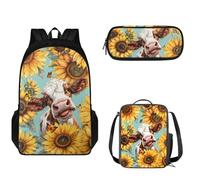 Tomeusey Juego de mochila escolar 3 en 1 para niños y niñas, gran capacidad, mochila de viaje con doble cremallera, bolsa de almuerzo aislada, estuche para lápices, Girasol de vaca