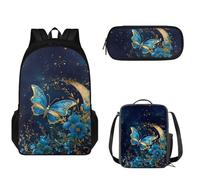 Tomeusey Juego de mochila escolar ajustable con hombro para escuela secundaria, niñas, niños, bolsa escolar con lonchera aislada, estuche para lápices, Luna mariposa azul