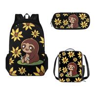 Tomeusey Juego de mochila escolar ajustable con hombro para escuela secundaria, niñas, niños, bolsa escolar con lonchera aislada, estuche para lápices, Girasol de perezoso de dibujos