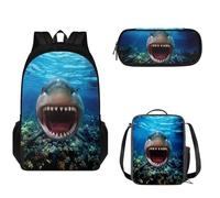 Tomeusey Juego de mochila escolar ajustable con hombro para escuela secundaria, niñas, niños, bolsa escolar con lonchera aislada, estuche para lápices, tiburón