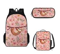 Tomeusey Juego de mochila escolar para niños y niñas, mochila ligera con doble cremallera, mochila escolar grande con bolsa de almuerzo a prueba de fugas y estuche para lápices, 3 en 1, Perezoso rosa