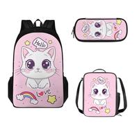 Tomeusey Juego de mochila escolar para niños y niñas, mochila ligera con doble cremallera, mochila escolar grande con bolsa de almuerzo a prueba de fugas y estuche para lápices, 3 en 1, Lindo gato