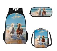 Tomeusey Juego de mochila escolar para niños y niñas, mochila ligera con doble cremallera, mochila escolar grande con bolsa de almuerzo a prueba de fugas y estuche para lápices, 3 en 1, Caballo junto