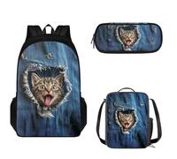 Tomeusey Juego de mochila escolar para niños y niñas, mochila ligera con doble cremallera, mochila escolar grande con bolsa de almuerzo a prueba de fugas y estuche para lápices, 3 en 1, Gato