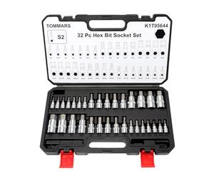 TOMMARS 32-PC Master Allen Hex Bit Socket Set, SAE & Metric Allen Hex Key Wrench Socket Set S2 Steel 1/4", 3/8", 1/2" Drive, H5/64 - H3/4 & H2 - H19