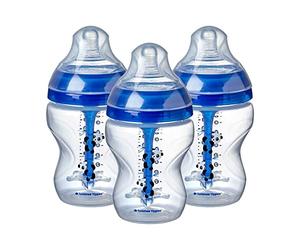 Tommee Tippee Advanced Anti-Colic Baby Bottle, Breast-Like Teat and Heat Sensing Technology, 260ml, Pack of 3, Blue