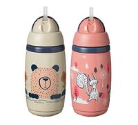 Tommee Tippee Botella de agua aislada con popote, 9 onzas, a prueba de derrames, para niños a partir de 12 meses, tapa abatible que ayuda a mantener la pajita limpia, rosa y gris, 2 unidades