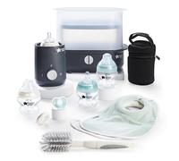 Tommee Tippee Closer to Nature - Juego de alimentación completo, esterilizador de vapor eléctrico con bolsa de biberón aislada, biberones para recién nacidos y calentador de biberones Easiwarm, color negro