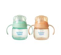 Tommee Tippee vaso de transición con boquilla, 150 ml, antiderrames para bebés a partir de 4 meses, con una boquilla con sensación natural y resistente a los mordiscos Verde y Naranja pack de 2