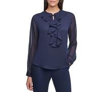 Tommy Hilfiger, Blusa clásica de manga larga con volantes en la parte delantera para mujer, midnight, XL
